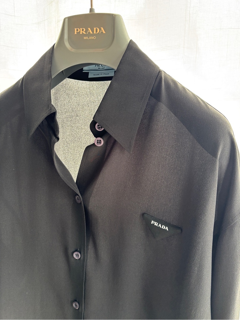 Prada Crepe de Chine 100% Silk Button-up Logo Shirt in Black